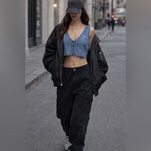 Lightweight Denim Crop Button Tank Top in Light Blue